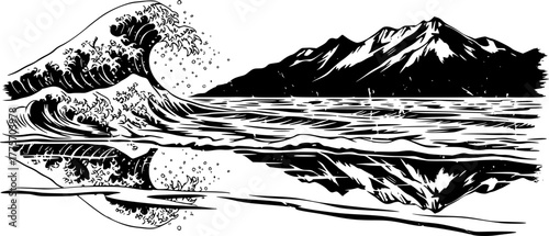 Grunge stencil art of ocean waves and mountain reflection
