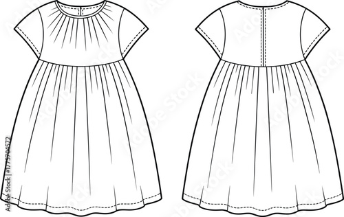 girls gathered dress front and back view, cute fashion flat cad vector illustration