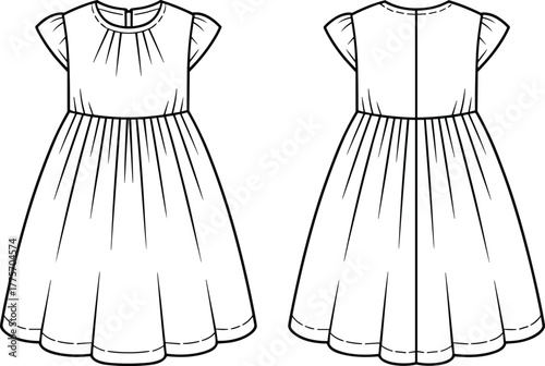 cute girls summer dress front and back view, short sleeve gathered outfit, fashion flat vector illustration