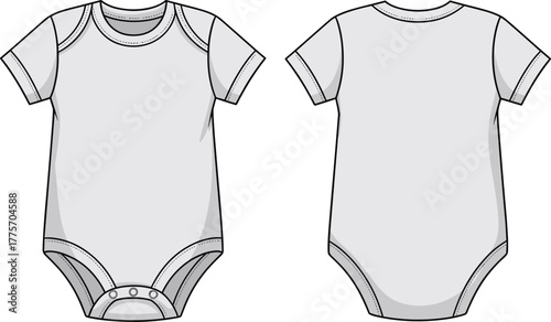 baby onesie front and back flat sketch, short sleeve bodysuit fashion vector illustration