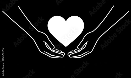 Outline hands gently cradling a white heart on a black background, symbolizing love and care.