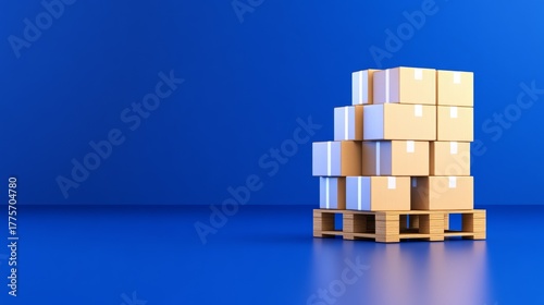 Cardboard boxes stacked on a wooden pallet on a blue background