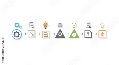 A series of colorful icons depicting a process or workflow diagram
