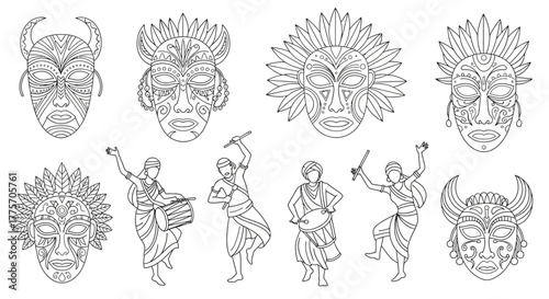 Collection of african masks and traditional dancers in linear art style