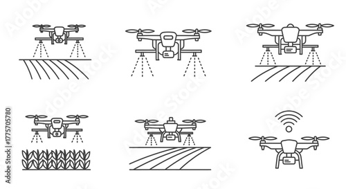 Line art illustrations depicting drones used in agricultural applications