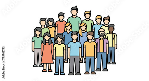 A diverse group of people standing closely together illustrated in flat design