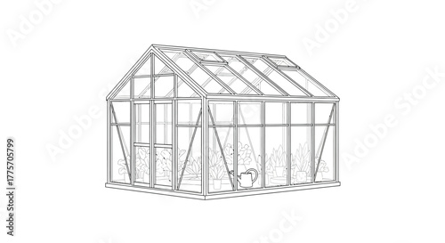 Simple line drawing of a classic greenhouse with a transparent structure