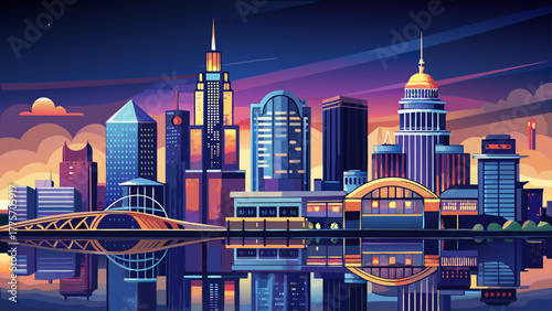 Very beautiful panoramic view of downtown Louisville, Kentucky, USA, reflecting over the calm Ohio River at dusk with illuminated skyscrapers and bridges under a twilight sky.