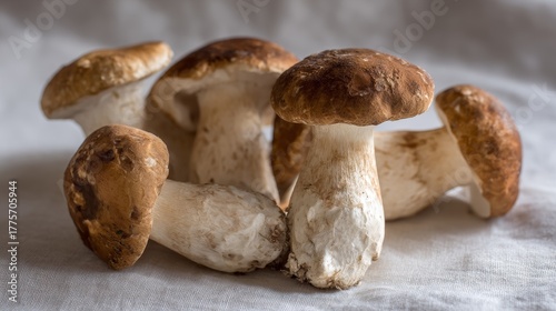 Close up of freshly harvested matsutake mushrooms arranged on rustic wooden surface in natural lighting