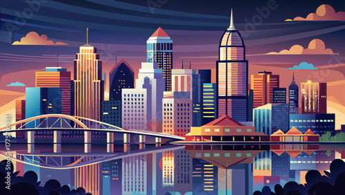 Very beautiful panoramic view of downtown Louisville, Kentucky, USA, reflecting over the calm Ohio River at dusk with illuminated skyscrapers and bridges under a twilight sky.