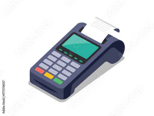 A credit card machine is ready to process a transaction with a receipt showing.