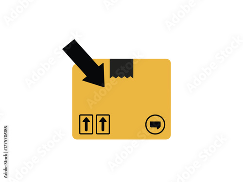 A black arrow points to a yellow cardboard box with shipping symbols.