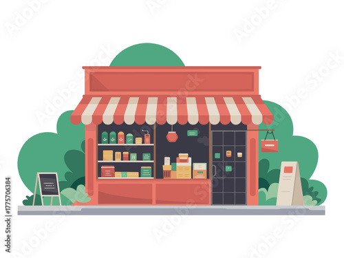 A charming neighborhood convenience store is depicted with shelves stocked with goods.