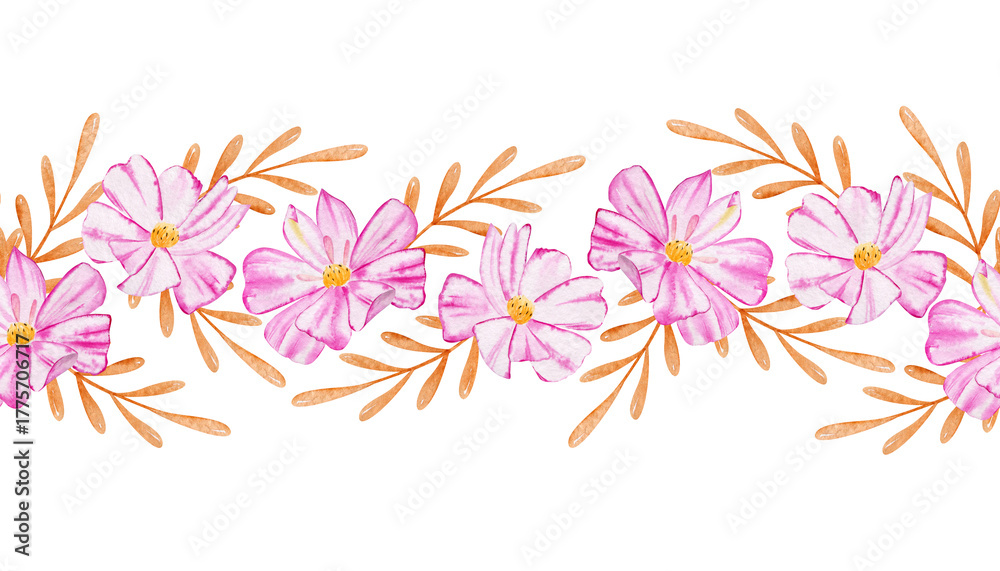 Obraz premium Seamless pattern of pink flowers and gold leaves. Horizontal template for banner or wedding invitation. Watercolor botanical illustration with plants.