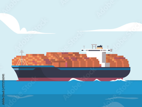 A large cargo ship is transporting containers across the ocean on a clear day.