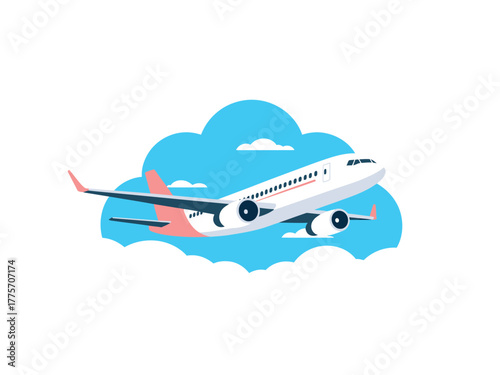 A commercial airplane soars through fluffy clouds in the bright blue sky.