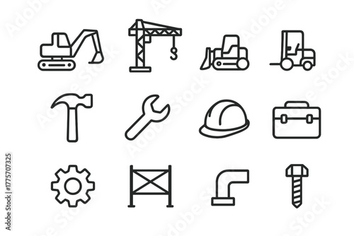 Construction Machinery Icons. Construction machinery. Line outline icon set of construction machinery: