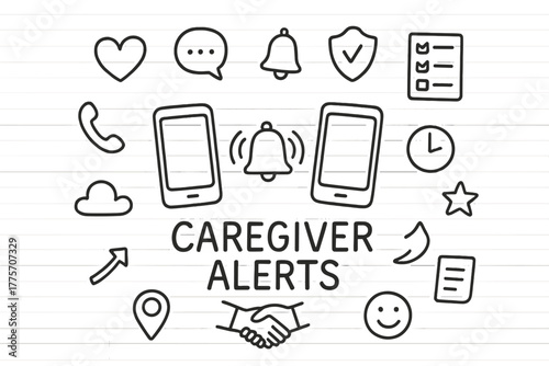 Caregiver Alerts Illustration. Caregiver alerts. Hand-drawn doodle illustration of caregiver alerts. In the