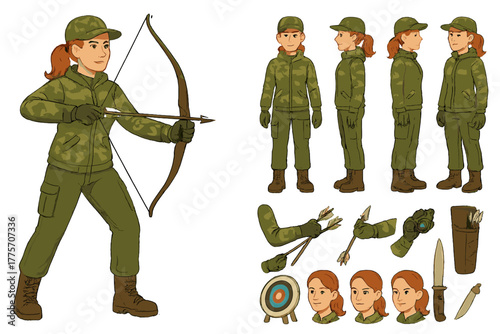 Female Hunter Constructor. Cartoon realistic vector illustration, Character constructor style, isolated