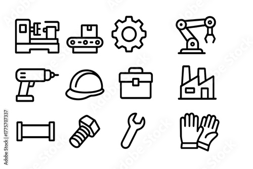 Manufacturing Equipment Icons. Manufacturing equipment. Line outline icon set of manufacturing equipment: