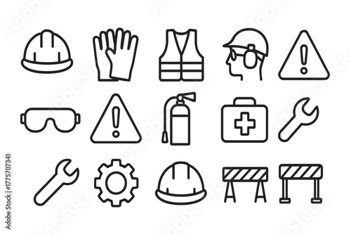 Industrial Safety Icons Grid. Industrial safety. Line outline icon set of industrial safety: hard hat, gloves,
