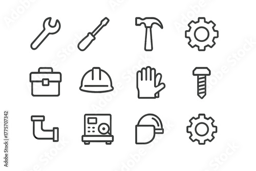 Maintenance Icon Collection. Maintenance and repair. Line outline icon set of maintenance and repair: wrench,