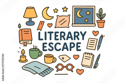 Literary Escape Doodle. Literary Escape. Hand-drawn doodle illustration of literary escape. Book, lamp, pillow