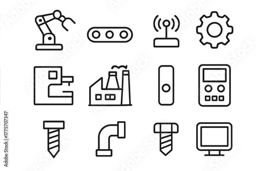 Industrial Automation Icons. Automation. Line outline icon set of automation: robotic arm, conveyor belt,