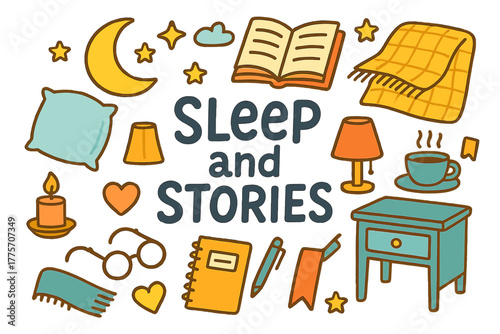 Sleepy Storytime Illustrations. Sleep and Stories. Hand-drawn doodle illustration of sleep and stories. Moon,