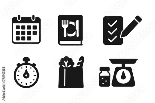 Meal Planning Icons. Meal planning. Filled icon set of meal planning: calendar, recipe book, checklist, pencil