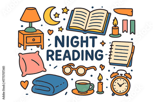 Cozy Night Reading. Night Reading. Hand-drawn doodle illustration of night reading. Lamp, book, pillow,