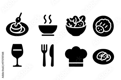 Three-Course Meal Icons. Three-course meal. Filled icon set of three-course meal: appetizer plate, soup bowl,