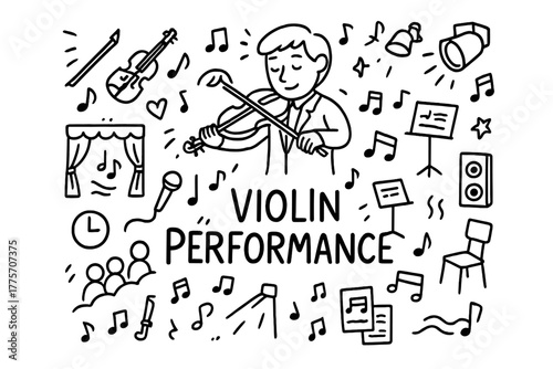 Violin Concert Doodle. A musician playing a violin in a concert hall. Hand-drawn doodle illustration of a