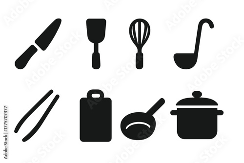 Black Cooking Utensils Icons. Cooking utensils. Filled icon set of cooking utensils: knife, spatula, whisk,