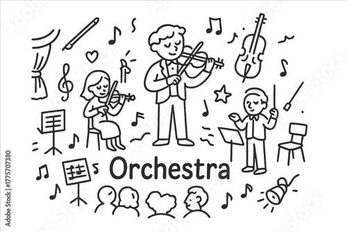 Doodle Orchestra Performance. Orchestral performance. Hand-drawn doodle illustration of orchestral performance