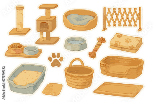 Pet-Friendly Sticker Set. Pet-friendly home. Realistic hand-painted watercolor style sticker sheet of