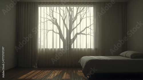 Shadow of Tree Cast on White Curtain in Minimal Bedroom with Sunlight