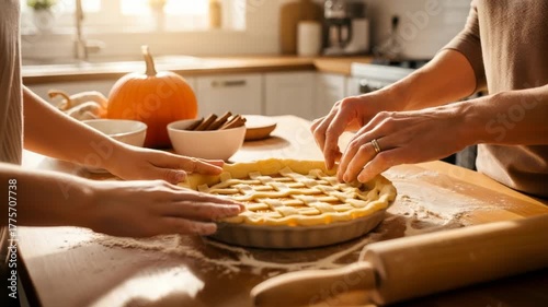 Woman and companion making a pumpkin pie with lattice crust in a sunlit kitchen, Autumn baking for Thanksgiving Day footage.