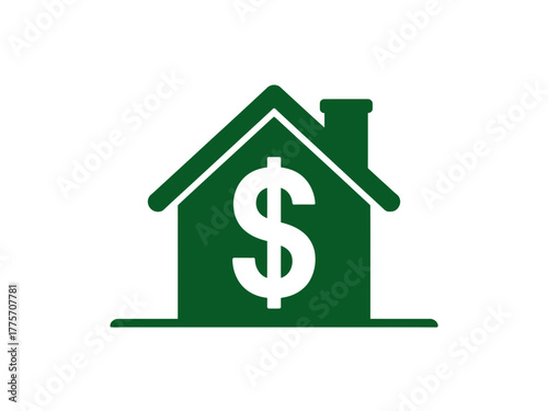 A green house icon with a white dollar sign inside represents real estate and financial concepts.