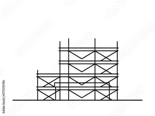 Scaffolding structure for construction site is depicted in a line drawing.