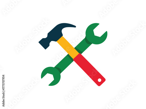 A hammer and wrench are crossed against a white background, representing tools and repair.