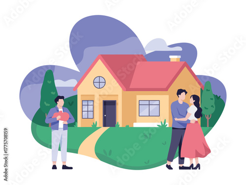 A couple looks at a house with a real estate agent standing nearby.