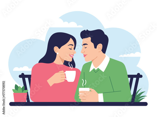 A couple shares a warm moment with hot drinks outdoors on a pleasant day.