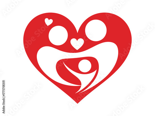 A stylized red heart encloses a loving family of three figures, representing unity and care.