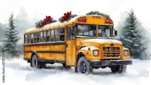 A festive Christmas card featuring a red school bus in a winter forest.