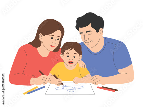 Parents watch their young son draw a picture on paper with crayons