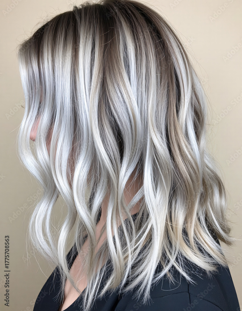 Naklejka premium Close-up of wavy hair with silver, gray, and brown tones, showcasing glossy, defined strands against a muted beige background.