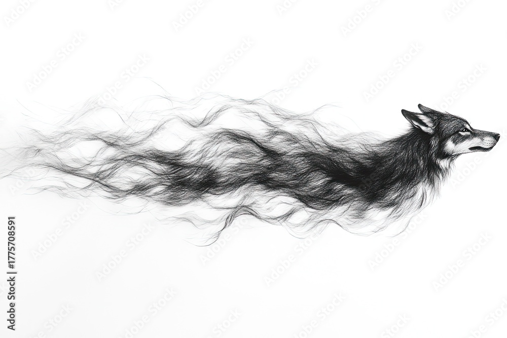 Fototapeta premium Artistic black and white wolf with flowing fur illustration on white background