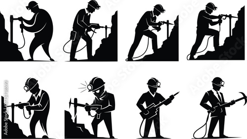 Miner silhouette illustration, drilling, pickaxe, jackhammer, underground work, helmet, headlamp, coal mining, industry, labor, worker, occupation, safety gear,