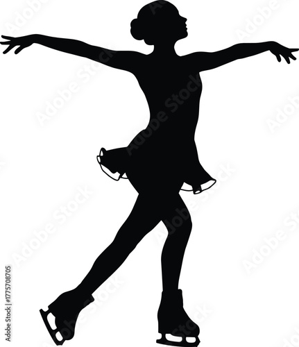 Figure skater silhouette, ice skating illustration, elegant female athlete, winter sports design, graceful dance pose, black vector art, performance balance, competition